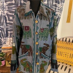VTG Elephant Patchwork Applique Button-Up Jacket  L/XL Bohemian Hippie 🐘🌼